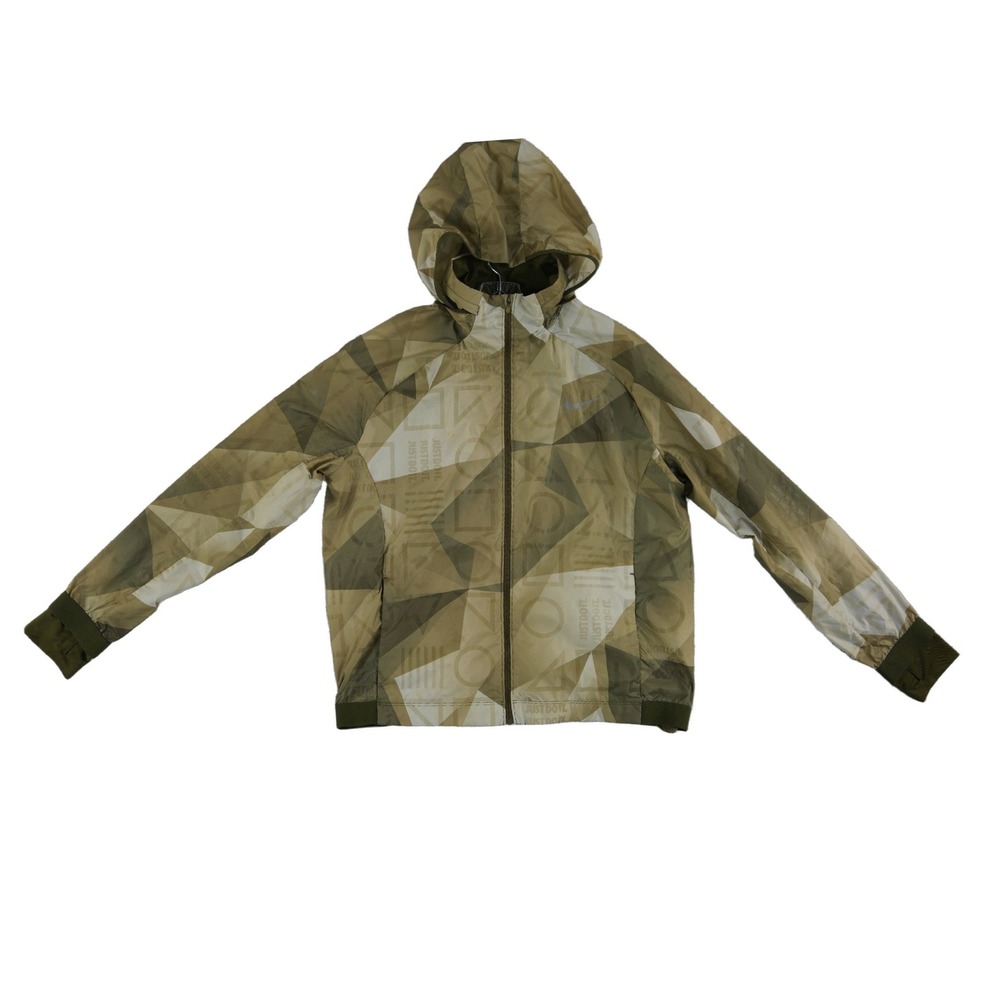 Nike Windbreaker Jacket Men's Size XL Olive Green Geometric Camo Hooded Full Zip